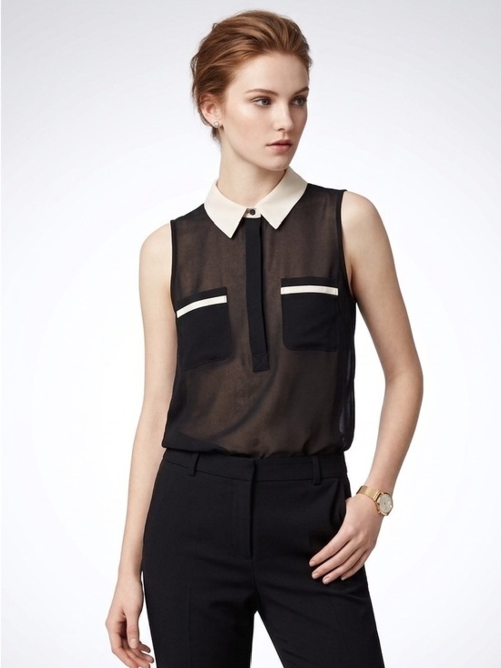 Sleeveless Black & Creme Collar Sheer Contrast Collar Top Blouse Small